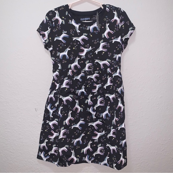 Navy Blue Short Sleeve A Line Rainbow Unicorn Girls Dress Size 4T NEW - Picture 1 of 4